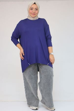 58121 Büyük Beden Yanları Biyeli Çilek Tunik - İndigo