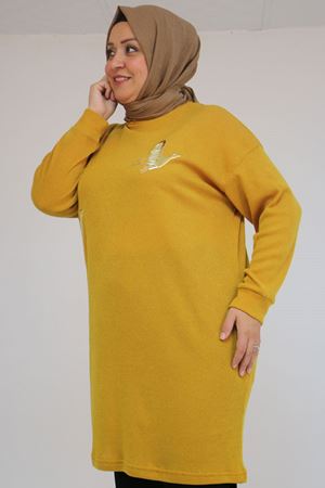 58143 Büyük Beden Düşük Kollu Aksesuar Detaylı Mir Tunik - Hardal