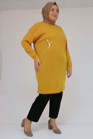 58143 Büyük Beden Düşük Kollu Aksesuar Detaylı Mir Tunik - Hardal