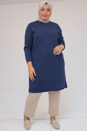 58148 Büyük Beden Düşük Kollu Mir Tunik - İndigo