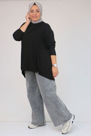 58121 Büyük Beden Yanları Biyeli Çilek Tunik - Siyah