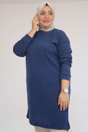 58148 Büyük Beden Düşük Kollu Mir Tunik - İndigo