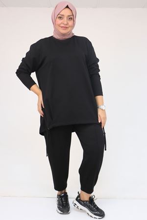 57045 Büyük Beden Önü Bağlama İp Detaylı Modal Pantolonlu Takım - Siyah