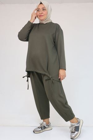 57045 Büyük Beden Önü Bağlama İp Detaylı Modal Pantolonlu Takım - Haki
