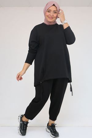 57045 Büyük Beden Önü Bağlama İp Detaylı Modal Pantolonlu Takım - Siyah