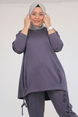 57045 Büyük Beden Önü Bağlama İp Detaylı Modal Pantolonlu Takım - Antrasit