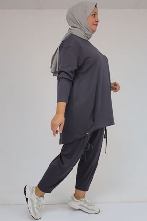 57045 Büyük Beden Önü Bağlama İp Detaylı Modal Pantolonlu Takım - Antrasit