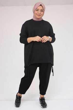 57045 Büyük Beden Önü Bağlama İp Detaylı Modal Pantolonlu Takım - Siyah