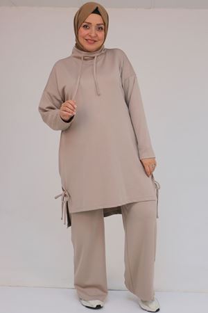 47094 Büyük Beden Boğazlı Yaka Pantolonlu Modal Takım - Vizon