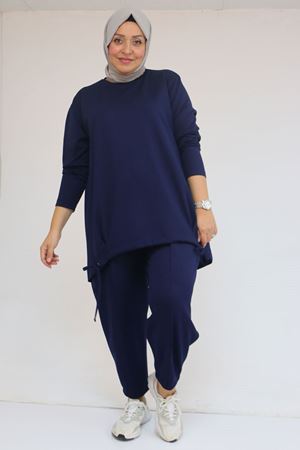57045 Büyük Beden Önü Bağlama İp Detaylı Modal Pantolonlu Takım - İndigo