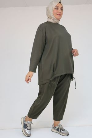 57045 Büyük Beden Önü Bağlama İp Detaylı Modal Pantolonlu Takım - Haki