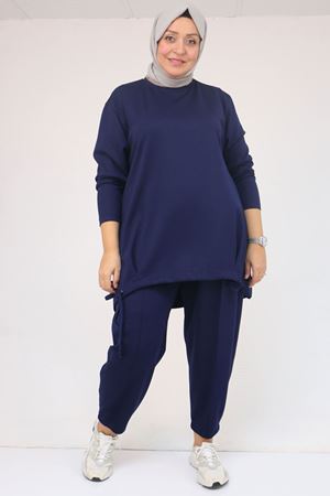 57045 Büyük Beden Önü Bağlama İp Detaylı Modal Pantolonlu Takım - İndigo