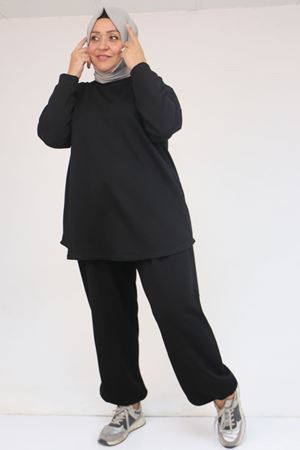 57058 Büyük Beden Pantolonlu Modal İkili Takım - Siyah