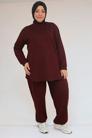 57058 Büyük Beden Pantolonlu Modal İkili Takım - Bordo