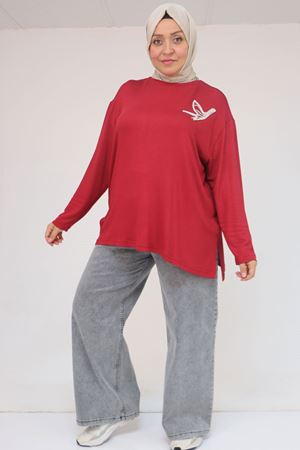 58149 Büyük Beden Taş Baskı Detaylı Çilek Tunik - Bordo