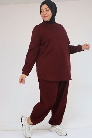 57058 Büyük Beden Pantolonlu Modal İkili Takım - Bordo