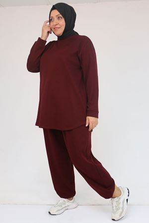 57058 Büyük Beden Pantolonlu Modal İkili Takım - Bordo