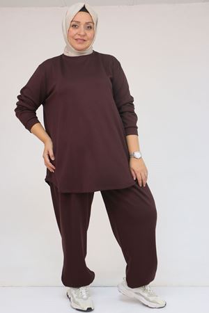 57058 Büyük Beden Pantolonlu Modal İkili Takım - Kahve