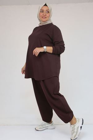 57058 Büyük Beden Pantolonlu Modal İkili Takım - Kahve