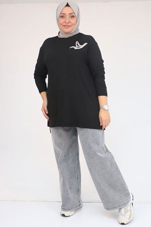 58149 Büyük Beden Taş Baskı Detaylı Çilek Tunik - Siyah