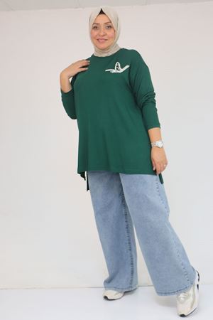 58149 Büyük Beden Taş Baskı Detaylı Çilek Tunik - Zümrüt