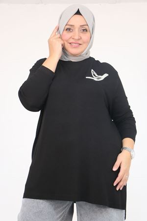 58149 Büyük Beden Taş Baskı Detaylı Çilek Tunik - Siyah