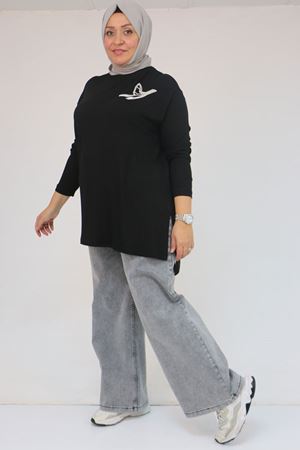 58149 Büyük Beden Taş Baskı Detaylı Çilek Tunik - Siyah