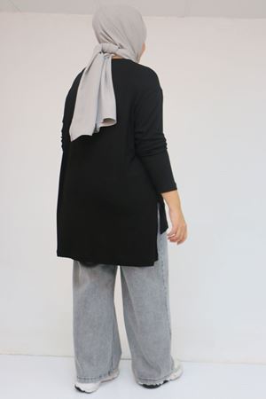 58149 Büyük Beden Taş Baskı Detaylı Çilek Tunik - Siyah