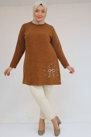 58111 Büyük Beden Önü Taş Detaylı Mir Tunik - Taba