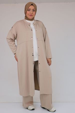 57035 Büyük Beden Omzu Apoletli Çıtçıt Detaylı Modal Takım - Bej