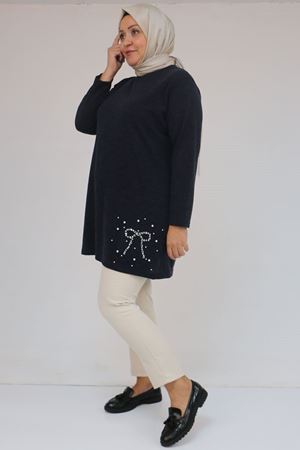 58111 Büyük Beden Önü Taş Detaylı Mir Tunik - Lacivert