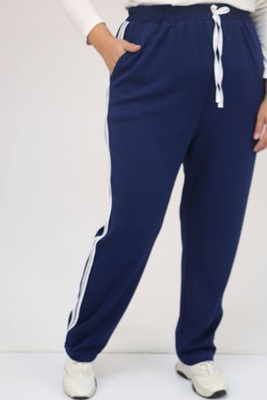 59505 Büyük Beden Yüksekbel Yanları Şeritli Modal Eşofman Altı - İndigo