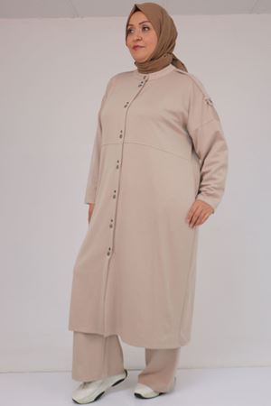 57035 Büyük Beden Omzu Apoletli Çıtçıt Detaylı Modal Takım - Bej