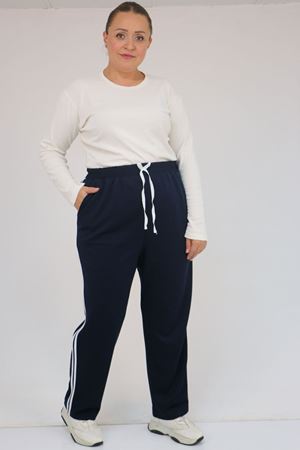 59505 Büyük Beden Yüksekbel Yanları Şeritli Modal Eşofman Altı - Lacivert