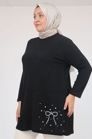 58111 Büyük Beden Önü Taş Detaylı Mir Tunik - Siyah