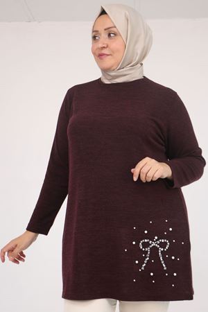 58111 Büyük Beden Önü Taş Detaylı Mir Tunik - Mürdüm