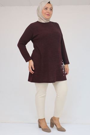 58111 Büyük Beden Önü Taş Detaylı Mir Tunik - Mürdüm