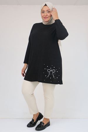 58111 Büyük Beden Önü Taş Detaylı Mir Tunik - Siyah