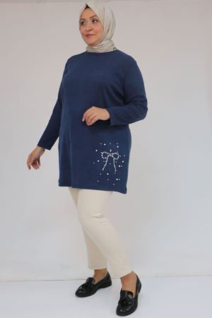 58111 Büyük Beden Önü Taş Detaylı Mir Tunik - İndigo