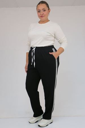 59505 Büyük Beden Yüksekbel Yanları Şeritli Modal Eşofman Altı - Siyah