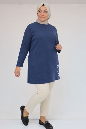 58111 Büyük Beden Önü Taş Detaylı Mir Tunik - İndigo