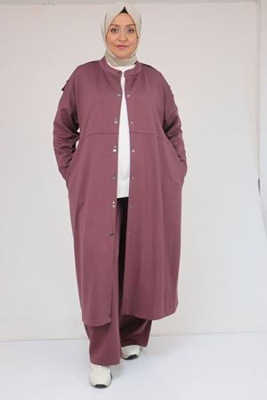 57035 Büyük Beden Omzu Apoletli Çıtçıt Detaylı Modal Takım - Gül Kurusu