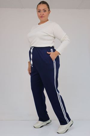 59505 Büyük Beden Yüksekbel Yanları Şeritli Modal Eşofman Altı - İndigo