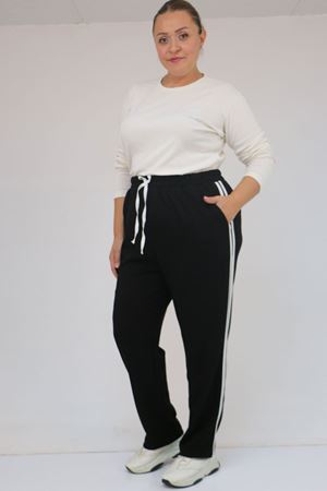 59505 Büyük Beden Yüksekbel Yanları Şeritli Modal Eşofman Altı - Siyah