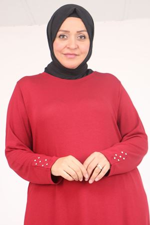 58115 Büyük Beden Kolunda Beyoğlu Detaylı Çilek Tunik - Bordo