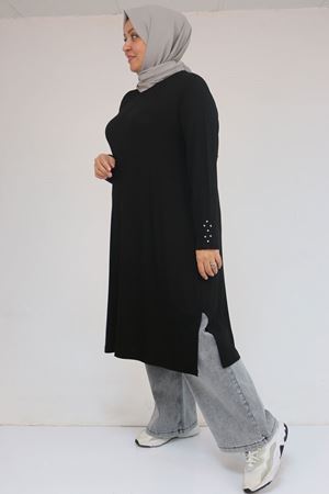 58115 Büyük Beden Kolunda Beyoğlu Detaylı Çilek Tunik - Siyah