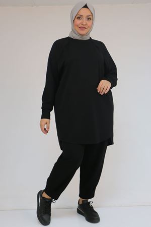 47093 Büyük Beden Eteği Parça Detaylı Pantolonlu Modal Takım - Siyah