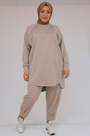 47093 Büyük Beden Eteği Parça Detaylı Pantolonlu Modal Takım - Vizon