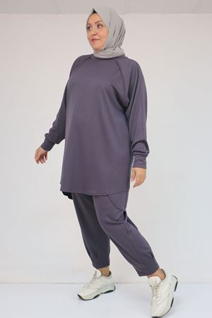 47093 Büyük Beden Eteği Parça Detaylı Pantolonlu Modal Takım - Antrasit