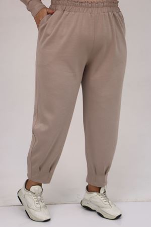 47093 Büyük Beden Eteği Parça Detaylı Pantolonlu Modal Takım - Vizon